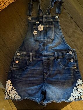 Girls Jordache Denim Short Overalls with White Crochet Flowers size XL
